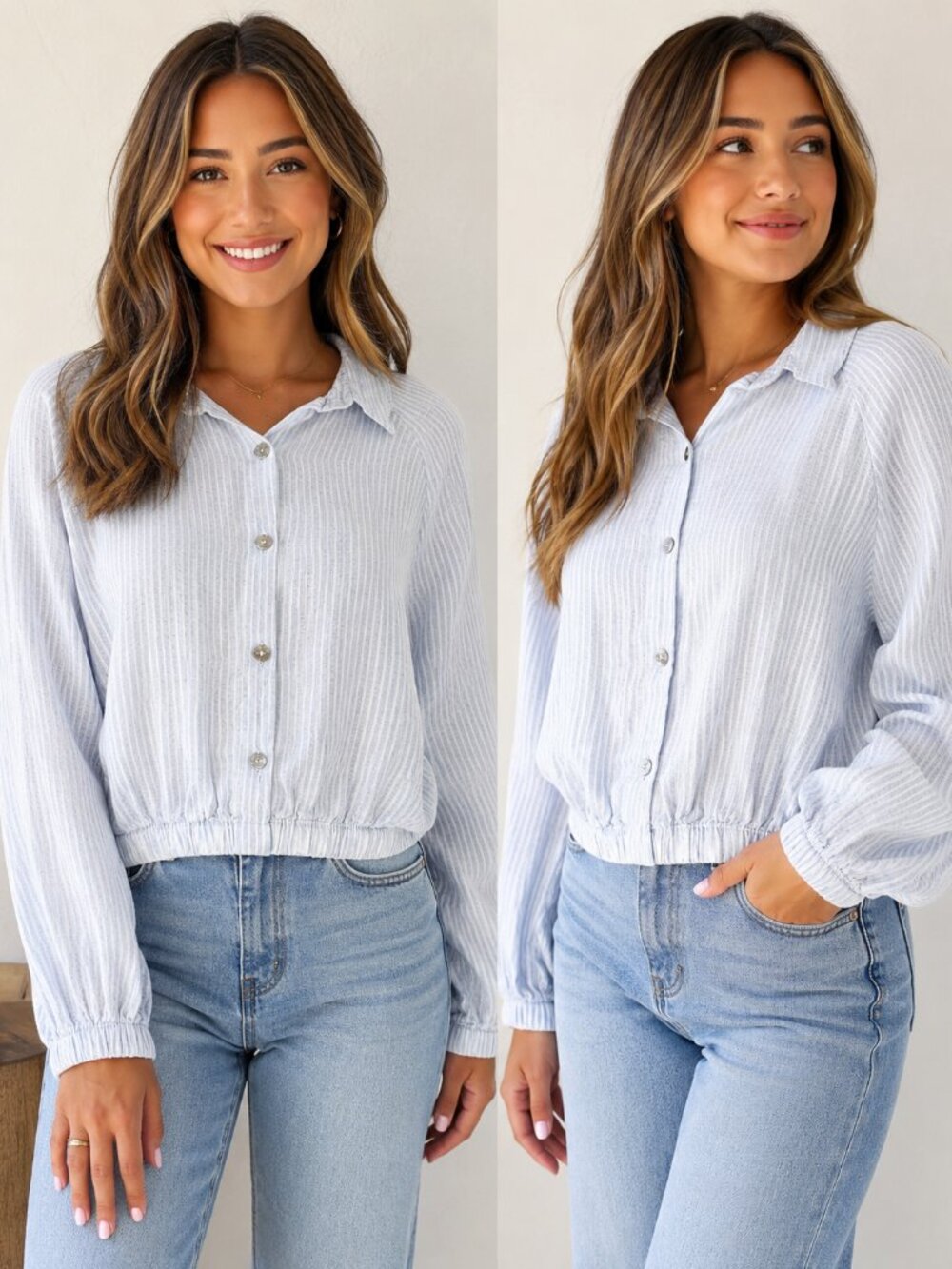 Rachel Zoe Size M Pure Linen Striped Blue White Cropped Button Blouse Top Costal